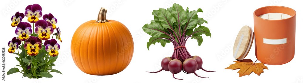 Obraz premium Pansies, pumpkin, fresh beets, and pumpkin spice candle with maple leaf