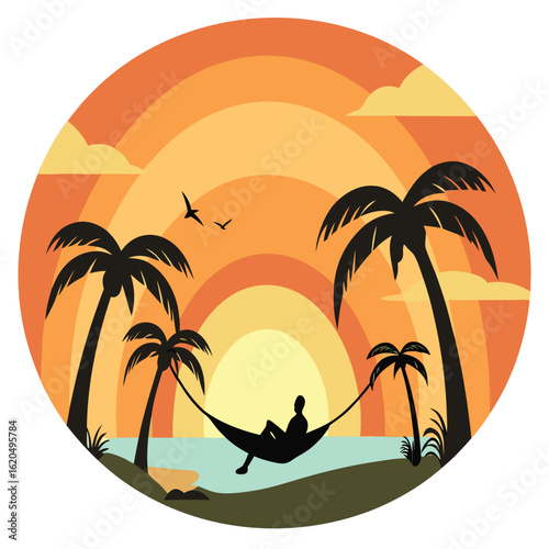 Tropical sunset with palm trees and hammock relaxation illustration summer vacation concept perfect getaway destination for travel