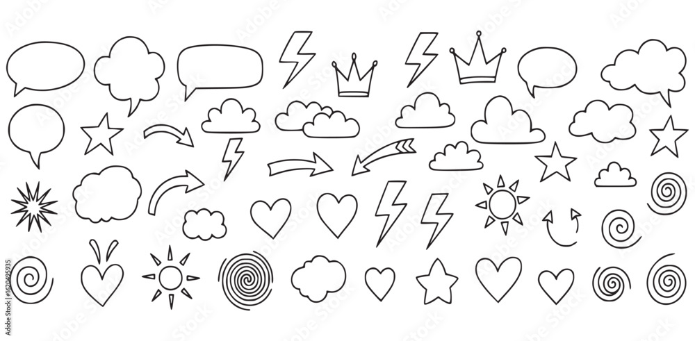 Obraz premium Doodle icon set, hand drawn vector collection featuring speech bubbles clouds hearts stars lightning crowns arrows suns spirals and sketch style elements for design use