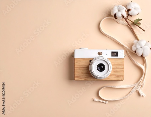Vintage Camera On Pastel Beige Background With Cotton Flowers And Twine