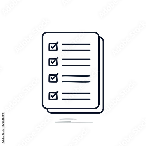 Minimalistic checklist with filled checkboxes on stacked documents against dark background