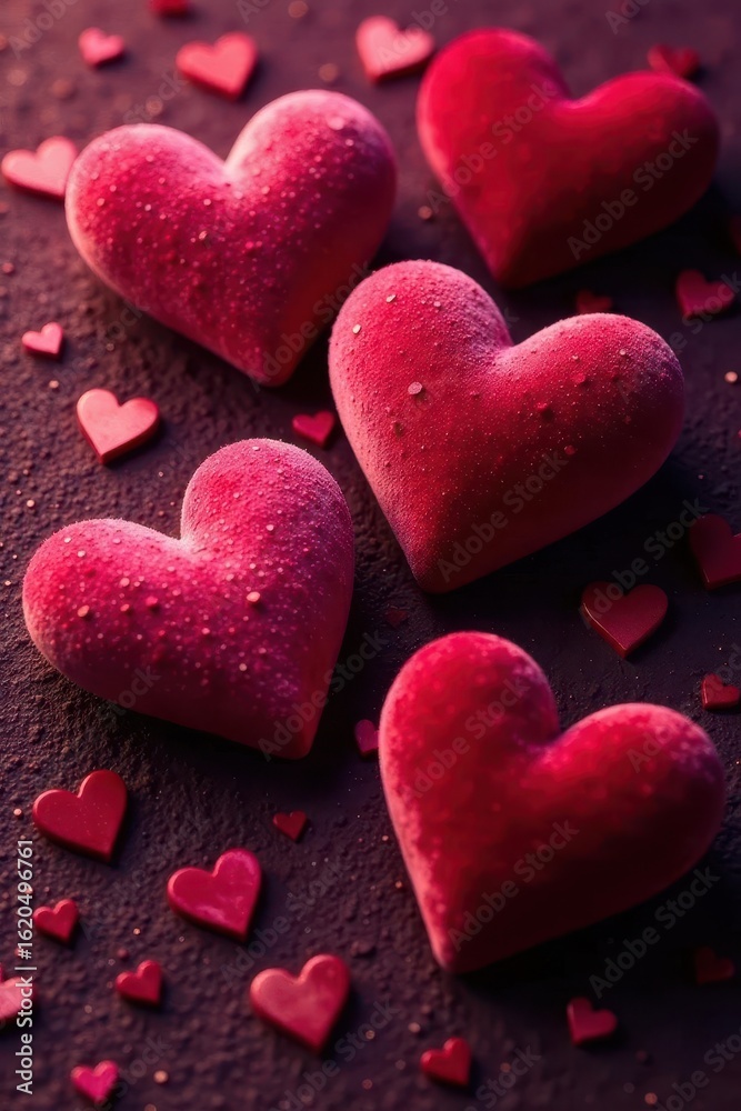 Obraz premium Burgundy velvet hearts on a textured background, fabric, design element