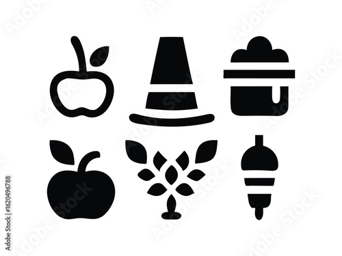 Collection of black silhouette icons representing autumn harvest and thanksgiving symbols on white background