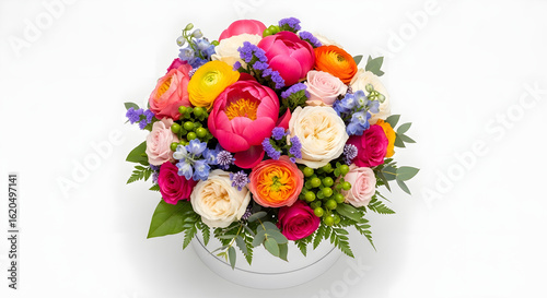 Vibrant Floral Arrangement: Peonies, Roses, and Ranunculus in Gift Box on White Background