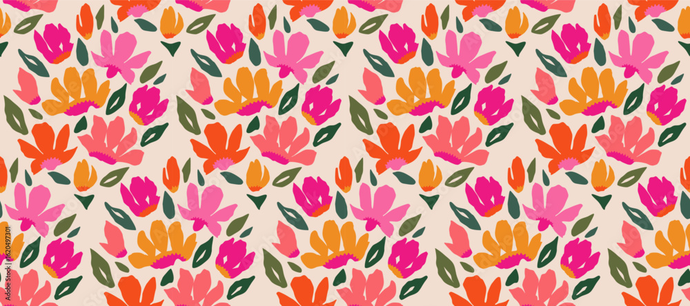 Fototapeta premium Hand drawn floral damask seamless pattern. Hawaiian flower print, summer holiday background in vintage style. Tropical plant painting. Design for fabric, textile, wallpaper and decoration.