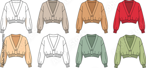 Women cropped cardigan with ribbed hem, button front design, vector flat sketch, fashion cad drawing illustration set