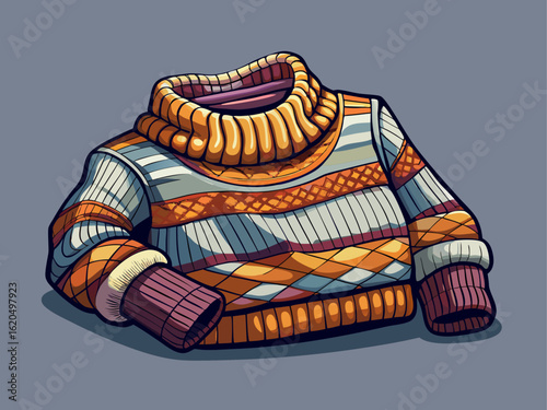 A folded cozy woolen sweater with visible texture on soft gray background, winter clothing essential