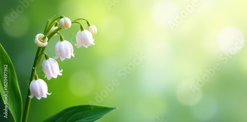 Soft-focus white lily of the valley blossoms and leaves, elegant floral background , macro, purity