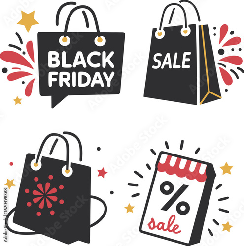 Black Friday Shopping Bag Design with Festive Graphics and Discount Symbols for Holiday Sales and Market Promotions