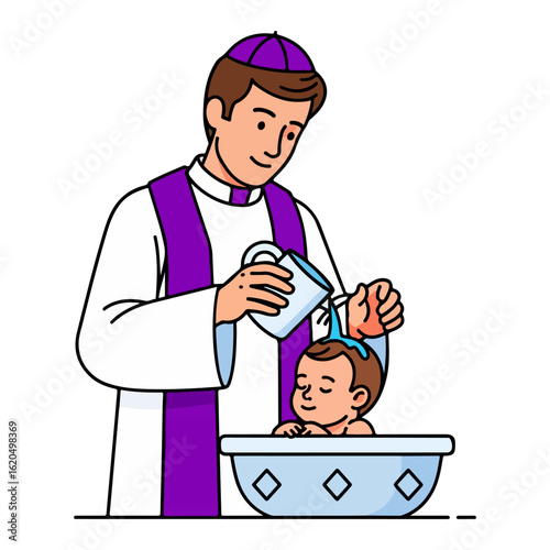 Baptismal flat design, Catholic priest pouring water on baby's head. Vector flat design cartoon. AI generated images.