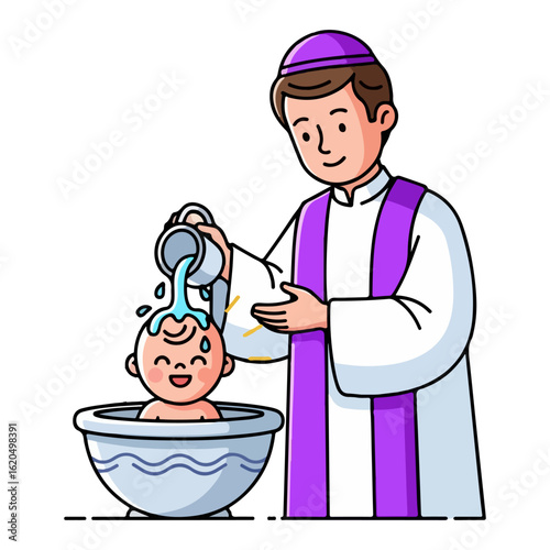 Baptismal flat design, Catholic priest pouring water on baby's head. Vector flat design cartoon. AI generated images.