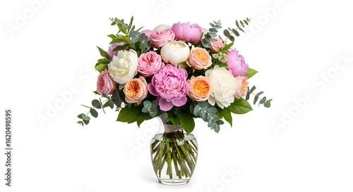Elegant Bouquet of Pink and White Peonies and Roses in Glass Vase on White Background