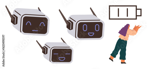 Three robot heads display various emotions alongside a battery icon, and a figure hugs a lightning bolt. Ideal for energy, AI emotions, technology, robotics, innovation, sustainability, connection