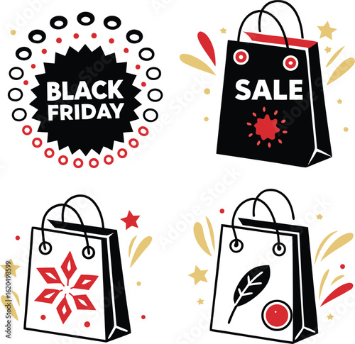 Stylish Black Friday Shopping Bag Design with Starburst and Leaf Decorations for Seasonal Sales and Promotions