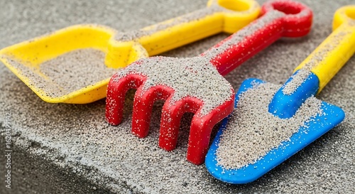 A close-up of colorful red, yellow, and blue plastic sand toys for children on the beach