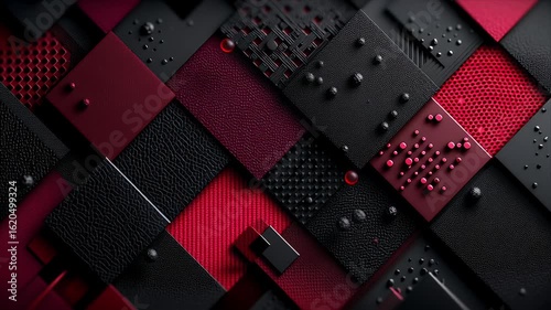 黒と赤の様々なテクスチャの四角いパネルが重なり合う抽象的な背景 | Abstract Background of Overlapping Black and Red Square Panels with Various Textures