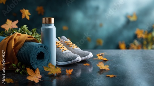 Autumn fitness gear with yoga mat, bottle, and sneakers on a dark surface, surrounded by fall leaves, for sport and healthy lifestyle.