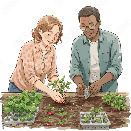 Couple planting seeds together in garden while smiling and focused  
