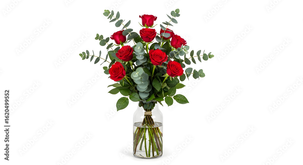 Obraz premium Elegant Bouquet of Red Roses and Eucalyptus in Glass Vase on White Background