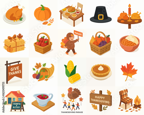 Cute Isometric Thanksgiving Celebration Elements Decoration Illustration