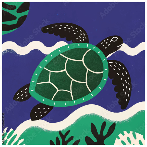 Vector art of a stylized illustration of a green sea turtle swimming gracefully through blue ocean water with white waves and coral, evoking a sense of peaceful marine life and underwater exploration