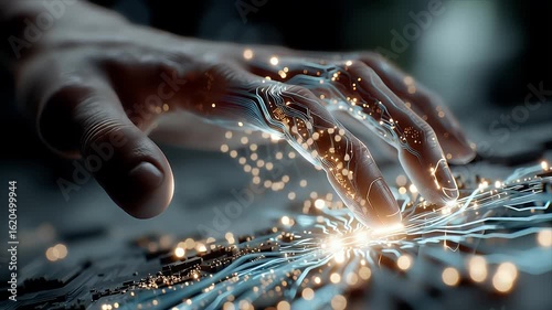 デジタル回路と光の線で覆われた手を表現した人工知能とテクノロジーの概念 | Artificial Intelligence and Technology Concept with Hand Covered in Digital Circuits and Lines of Light
