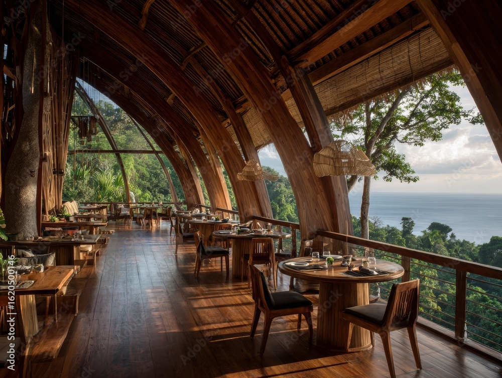 Fototapeta premium Bali-inspired terrace restaurant with panoramic jungle and ocean views featuring wooden architecture design