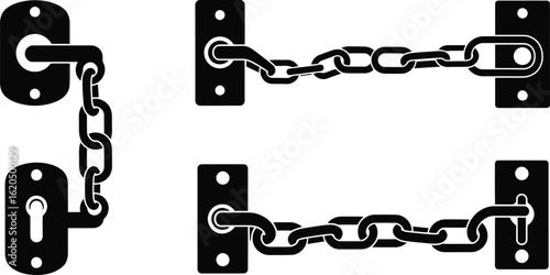 Door Chain Silhouette Icon Vector Set for Home Security and Safety
