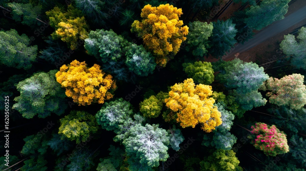 Fototapeta premium Top down aerial view of vibrant autumn forest with colorful trees in yellow and green foliage, nature background.