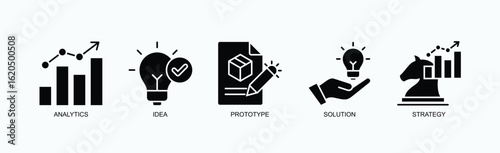 Creative Strategy Toolkit Icon Set Isolated Vector With Icon Of Analytics, Idea, Prototype, Solution, Strategy In Glyph Style