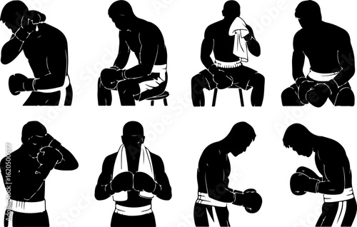 silhouette vector illustrations of a boxer wiping sweat with a towel