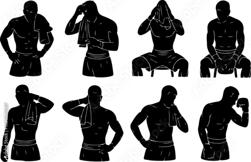 silhouette vector illustrations of a boxer wiping sweat with a towel