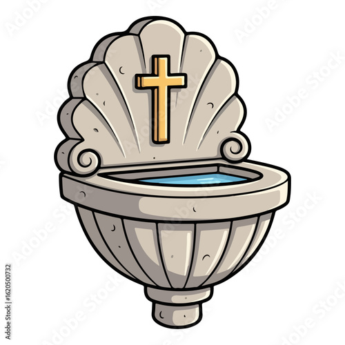 Holy water vector, shaped like a small shell made of stone, attached to the wall. Vector flat design cartoon. AI generated images.