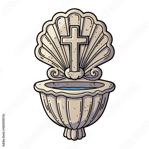 Holy water vector, shaped like a small shell made of stone, attached to the wall. Vector flat design cartoon. AI generated images.