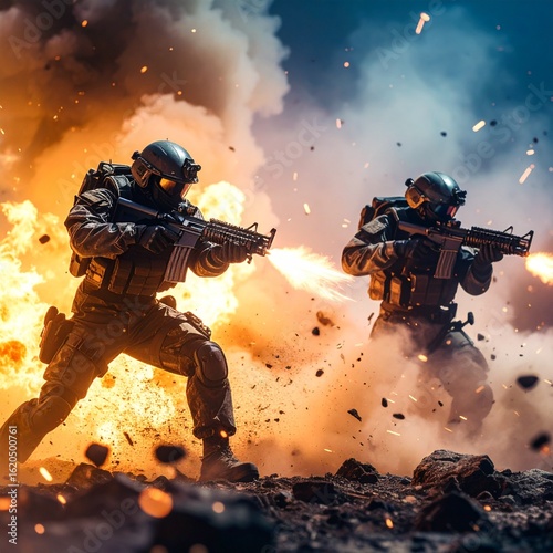 Two soldiers in tactical gear firing automatic weapons amidst explosions and smoke.