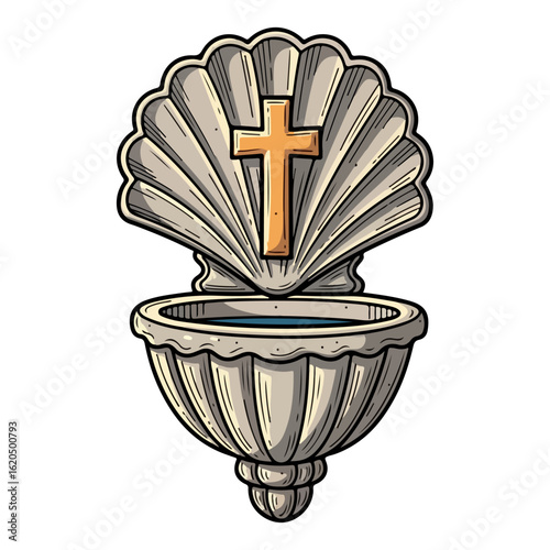 Holy water vector, shaped like a small shell made of stone, attached to the wall. Vector flat design cartoon. AI generated images.