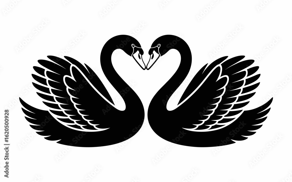 Fototapeta premium Romantic Swan Silhouette Clipart – Black and White Heart-Shaped Swan Pair Illustration.