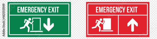 Emergency exit sign set. Man running out fire exit. Running man and exit door sign. Escape help evacuation. Safety vector symbol.