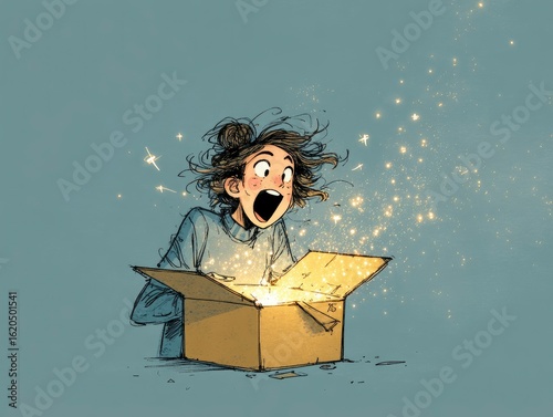 artoon-style exaggerated happy reaction of a person opening a delivery box filled with glowing magical sparkles, bold lines and joyful palette, style cartoon