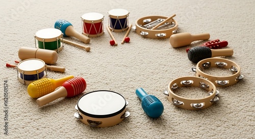 A captivating circle of diverse musical instrument toys, perfect for children's developmental play and early learning exploration.