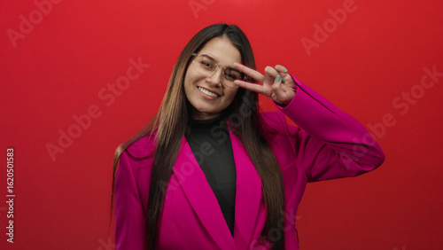 Young woman in pink blazer making peace sign over vibrant red background confidently smiling.