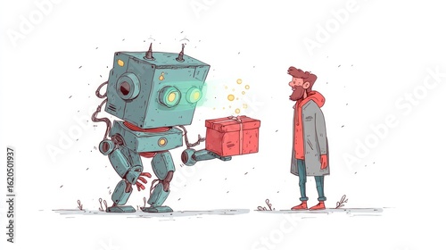 Cartoon robot delivering a futuristic glowing package to a human recipient, hovering effect, fun mix of future tech and humor, style cartoon