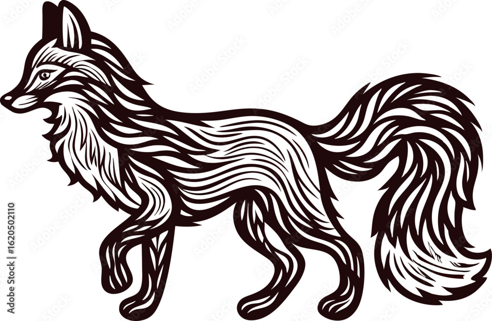 Obraz premium Stylized walking fox illustration with intricate fur pattern on white background, detailed vintage hand drawn animal art