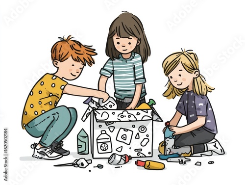 Children crafting toys from delivery box designed for upcycling with cutout lines and printed activity ideas, style cartoon