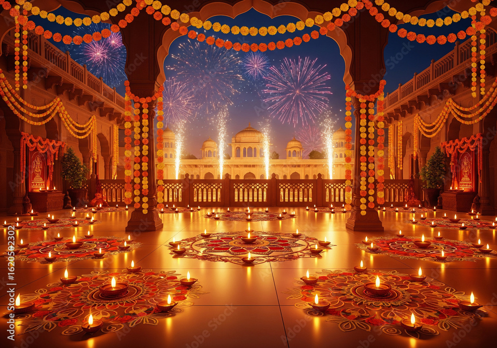 Fototapeta premium Grand Diwali Celebration with Fireworks and Traditional Decorations (generative ai)