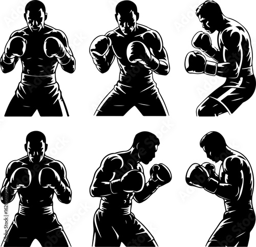 unique black silhouette vector illustrations of a boxer in guard stance