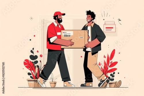 Courier handing a package to a happy customer in flat vector illustration, clear lines, neutral tones, optimized for infographics or onboarding screens, style flat vector