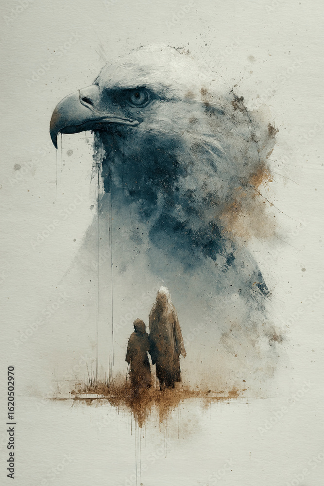 Obraz premium Spiritual Watercolor with Eagle, Divine Light, and Remembering Figures. 
