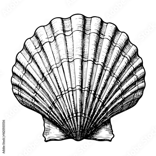 Scallop, black and white line art engraving, vector illustration, isolated on white background