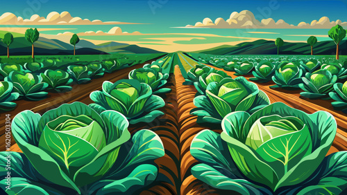 Vibrant green cabbages growing in neat rows stretch across rich soil under soft sunlight. Semi-realistic vector details highlight leafy textures, earthy tones, and the rhythm of organized agriculture.